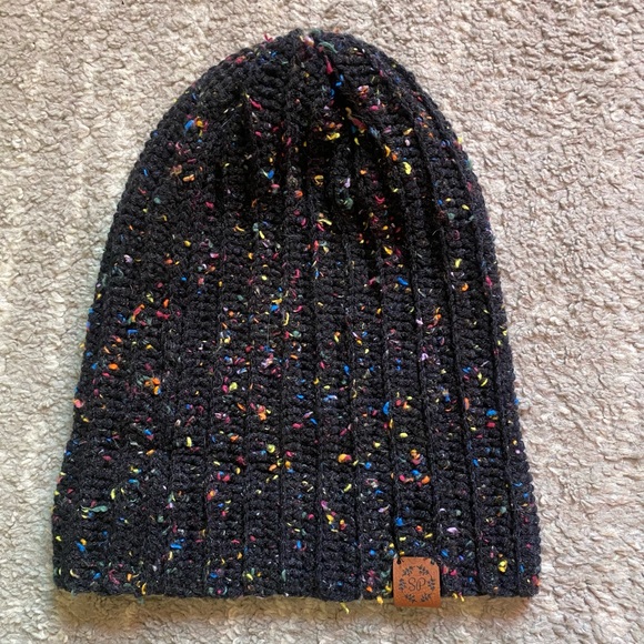CozybySP HANDMADE Black Beanie Colorful Flecks, Crocheted Adjustable Slouchy Hat - Picture 3 of 4